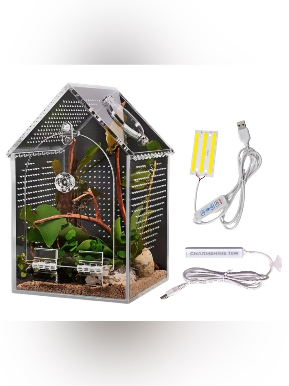 PET HOUSE Acrylic Terrarium Habitat with Rock Decor USB Dimmable Light & Heater